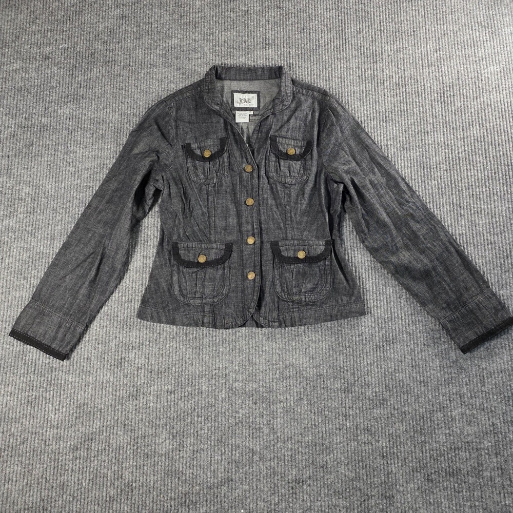 Live a Little Women Black Denim Jacket Button Front Utility Peplum Small 550043